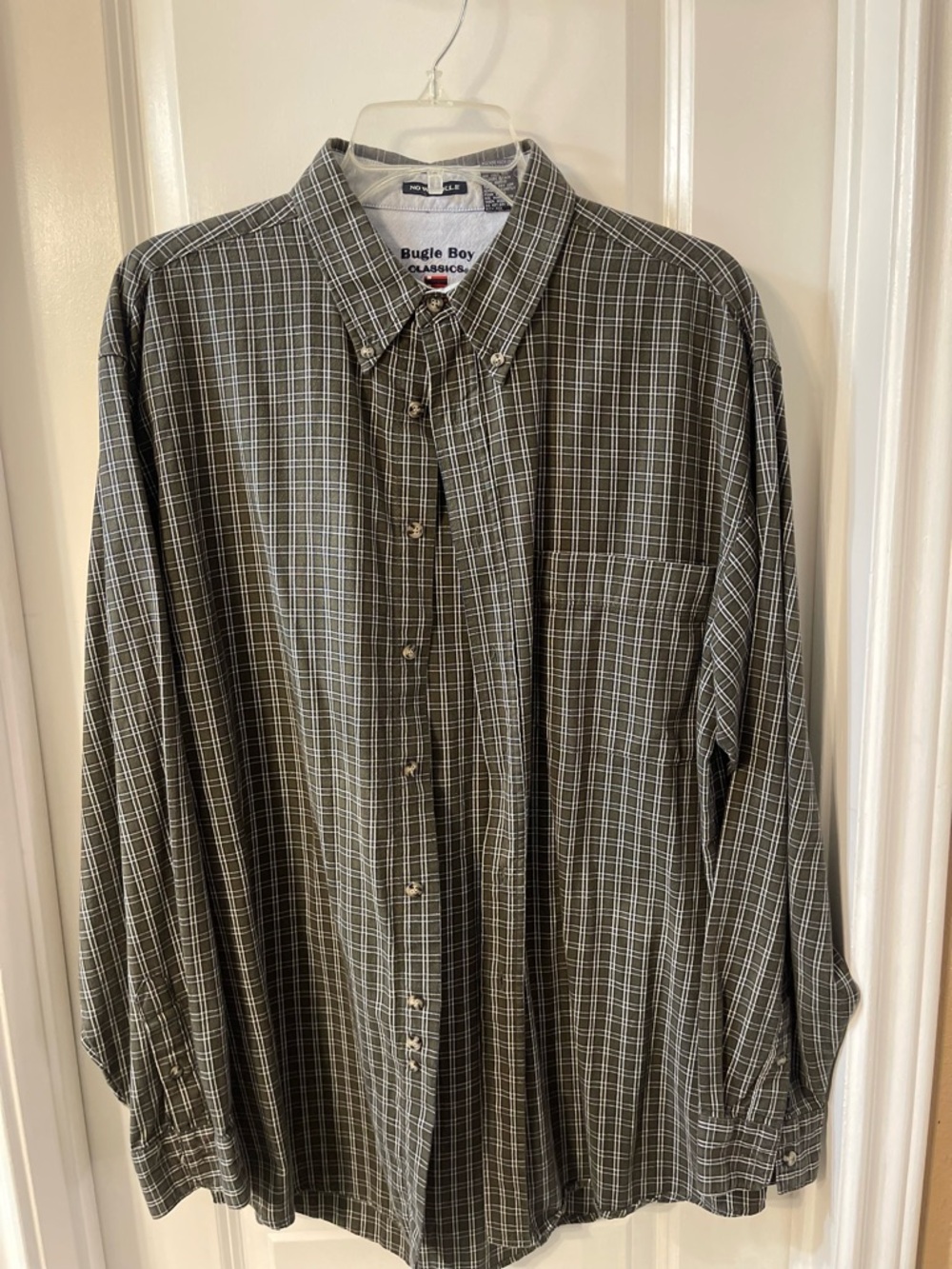 Bugle Boy Olive Green and White Plaid Button-Down Shirt